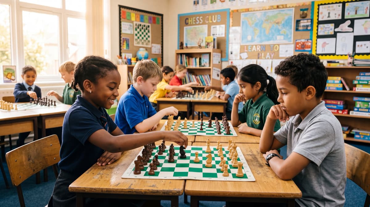 Primary school children playing chess in a classroom