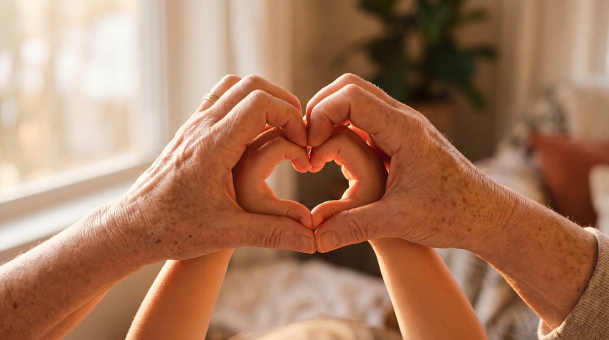 Two pairs of hands forming a heart shape in warm light